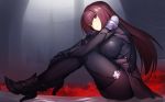  bangs bodysuit breasts closed_mouth commentary_request eyebrows_visible_through_hair fate/grand_order fate_(series) full_body high_heels highres knees_up large_breasts long_hair looking_at_viewer muunyan_(yumenekoya) purple_bodysuit purple_hair red_eyes scathach_(fate)_(all) scathach_(fate/grand_order) shiny shiny_clothes shiny_hair shoulder_armor shoulder_pads sitting skin_tight solo 