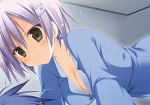  blush breasts firill_crest green_eyes juuoumujin_no_fafnir korie_riko no_bra pajamas purple_hair short_hair 