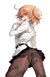  :d ahoge ass bangs belt black_belt black_skirt chaldea_uniform eyebrows_visible_through_hair eyes_visible_through_hair fate/grand_order fate_(series) fujimaru_ritsuka_(female) grey_legwear hair_between_eyes hair_ornament hair_scrunchie hand_up highres legs_apart long_sleeves looking_at_viewer looking_back mafuyu_hemp miniskirt one_side_up open_mouth orange_eyes orange_hair panties panties_under_pantyhose pantyhose scrunchie shirt short_hair simple_background skirt smile solo thighband_pantyhose underwear upskirt white_background white_panties white_shirt yellow_scrunchie 