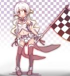  absurdres blush breasts brown_eyes checkered checkered_background cleavage groin highres looking_at_viewer mahou_shoujo_madoka_magica mahou_shoujo_madoka_magica_movie midriff momoe_nagisa navel open_mouth race_queen skirt small_breasts smile solo thighhighs white_hair yanmaami 