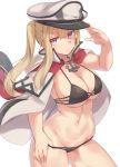  alternate_costume alternate_eye_color anchor bikini bikini_pull black_bikini blonde_hair breasts capelet cleavage graf_zeppelin_(kantai_collection) hair_between_eyes hat kantai_collection large_breasts long_hair looking_at_viewer multi-strapped_bikini peaked_cap purple_eyes serious sideboob sidelocks solo swimsuit thighs tsurime twintails underboob yamaarashi 