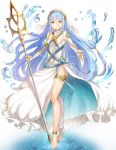  anklet aqua_(fire_emblem_if) asymmetrical_legwear barefoot blue_hair blue_ribbon breasts choker dress eyebrows_visible_through_hair fingerless_gloves fire_emblem fire_emblem_if floating_hair full_body gloves hair_between_eyes haru_(nakajou-28) highres holding holding_staff jewelry long_hair outstretched_arm parted_lips ribbon shiny shiny_hair sleeveless sleeveless_dress small_breasts smile solo staff standing thighlet very_long_hair water white_background white_dress white_gloves white_legwear yellow_eyes 