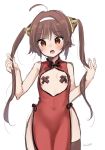  :o ahoge azur_lane bare_arms bare_shoulders brown_hair brown_legwear china_dress chinese_clothes cleavage_cutout commentary dress eyebrows_visible_through_hair flat_chest hairband hands_up highres long_hair looking_at_viewer mojarin_(kihara_mojarin) pasties ping_hai_(azur_lane) red_dress red_eyes side_slit simple_background single_thighhigh sketch sleeveless sleeveless_dress solo thighhighs twintails white_background 