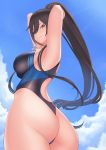  areolae armpits ass black_hair black_swimsuit blue_swimsuit breasts brown_eyes cloud competition_swimsuit day dog_tags franham from_behind hair_between_eyes highleg highleg_swimsuit highres idolmaster idolmaster_shiny_colors large_breasts long_hair looking_at_viewer one-piece_swimsuit outdoors ponytail shirase_sakuya sky smole swimsuit very_long_hair 
