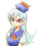  blue_dress blue_hair blue_hat blue_sclera chamaji collared_dress commentary_request dress eyebrows_visible_through_hair hat kamishirasawa_keine long_hair looking_at_viewer neckerchief puffy_short_sleeves puffy_sleeves red_eyes short_sleeves silver_hair smile solo tokin_hat touhou upper_body 