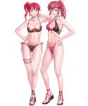  alba anna_(fire_emblem) bikini blush breasts finger_to_mouth fire_emblem hand_on_hip highres medium_breasts multiple_girls open_mouth ponytail red_eyes red_hair sandals siblings side-tie_bikini side_ponytail sidelocks smile swimsuit 
