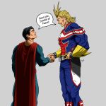 all_might analeticia2017-cm black_hair blonde_hair blue_eyes boku_no_hero_academia crossover dc_comics english eye_contact handshake height_difference highres huge_filesize looking_at_another male_focus multiple_boys smile superhero superman superman_(series) trait_connection 