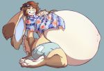  2018 aero_vonheart anthro arm_support belly big_belly blue_eyes blue_fur brown_fur brown_hair buckteeth clothed clothing discomfort eyewear fluffy fluffy_tail fur goggles hair hand_on_stomach kneeling lagomorph long_ears male male_pregnancy mammal navel outie_navel pregnant rabbit short_tail simple_background sweat teeth the-narutoshi thick_thighs white_fur 