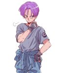  =3 blue_eyes capsule_corp cowboy_shot dirty dirty_face dragon_ball dragon_ball_z expressionless eyebrows_visible_through_hair fingerless_gloves gloves grey_shirt hand_on_hip hand_on_neck highres looking_away male_focus miiko_(drops7) purple_hair shirt short_hair simple_background solo trunks_(dragon_ball) white_background 
