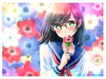  blush brown-framed_eyewear brown_hair floral_background flower glasses green_eyes highres holding holding_flower medium_hair original school_uniform serafuku smile upper_body uyorita 