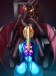  1girl ass blonde_hair chair fellatio from_behind implied_fellatio metroid monster oral pixiv_sample ponytail ridley samus_aran sitting zero_suit 