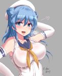  bangs blue_eyes blue_hair blush breasts commentary_request dated double_bun elbow_gloves flying_heart gloves grey_background hair_between_eyes hand_on_hip hand_on_own_head hat heart heart-shaped_pupils highres kantai_collection kihou_no_gotoku_dmc large_breasts long_hair looking_at_viewer neckerchief open_mouth sailor_hat school_uniform serafuku sidelocks signature sleeves_rolled_up smile solo symbol-shaped_pupils tareme tongue tongue_out urakaze_(kantai_collection) white_gloves white_hat yellow_neckwear 