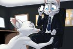  2018 akiric anthro arctic_fox belt blue_eyes canine cellphone chair clothed clothing desk disney duo facial_markings female fox fur_markings holding_object holding_phone imminent_blowjob inside jack_savage lagomorph licking licking_lips male male/female mammal markings monitor necktie office_chair phone rabbit sitting skye_(zootopia) suit tongue tongue_out zootopia 
