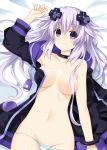  adult_neptune bed black_choker breasts choker d-pad d-pad_hair_ornament hair_between_eyes hair_ornament highres hood hoodie lying neptune_(series) open_clothes open_hoodie panties purple_eyes purple_hair smile striped striped_panties underwear zero_(ray_0805) 