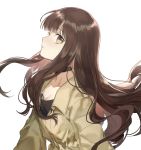  bangs black_shirt blunt_bangs breasts brown_eyes brown_hair choker cleavage collarbone eyebrows_visible_through_hair fate/extella_link fate/extra fate_(series) floating_hair from_side head_tilt hellos highres jacket kishinami_hakuno_(female) long_hair looking_at_viewer parted_lips shiny shiny_hair shirt simple_background small_breasts solo upper_body very_long_hair white_background 
