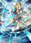  bag bangs blonde_hair blue_eyes blue_hair cape closed_mouth commentary_request company_name copyright_name crown dress earrings feather_trim fire_emblem fire_emblem_cipher fire_emblem_heroes fjorm_(fire_emblem_heroes) full_body gradient gradient_hair holding holding_weapon ice jewelry long_sleeves multicolored_hair official_art polearm short_dress short_hair shoulder_armor shoulder_bag sidelocks snowflakes solo spear thighhighs umiu_geso weapon zettai_ryouiki 