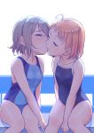  ahoge backlighting bangs bare_shoulders between_legs blue_swimsuit blush closed_eyes competition_school_swimsuit grey_hair hand_between_legs kanabun kiss love_live! love_live!_sunshine!! multiple_girls one-piece_swimsuit orange_hair short_hair sitting swimsuit takami_chika watanabe_you younger yuri 