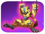  2018 anthro balls bdsm blue_eyes blue_pawpads bondage bound claws erection fangs feline fur kivwolf looking_pleasured male mammal nintendo nude open_mouth pawpads penis pok&eacute;mon pok&eacute;mon_(species) raised_arm solo spread_legs spreading tongue tongue_out video_games yellow_fur zeraora 