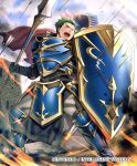  armor arrow copyright_name draug_(fire_emblem) fire fire_emblem fire_emblem:_monshou_no_nazo fire_emblem_cipher gloves green_eyes green_hair male_focus no_headwear no_helmet official_art one_eye_closed open_mouth polearm rain_of_arrows rock shield sky solo spear teeth weapon 