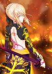  artoria_pendragon_(all) backless_outfit black_bow blonde_hair bow cosplay dark_excalibur emiya_alter emiya_alter_(cosplay) fate/grand_order fate_(series) from_behind hair_between_eyes hair_bow highres holding holding_sword holding_weapon long_hair looking_at_viewer looking_back number outdoors saber_alter sidelocks skirt solo standing sword tafuu_(tortafu) weapon yellow_eyes 