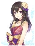  :d bangs brown_eyes brown_hair collarbone dress flower fujiwara_hajime hair_between_eyes hair_flower hair_ornament idolmaster idolmaster_cinderella_girls idolmaster_cinderella_girls_starlight_stage long_hair looking_at_viewer open_mouth sash sleeveless sleeveless_dress smile solo soriya upper_body yellow_flower 