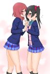  black_hair black_legwear blue_skirt blush commentary face-to-face holding_hands interlocked_fingers kogaku_kazuya long_hair long_sleeves looking_at_another love_live! love_live!_school_idol_project medium_hair multiple_girls nishikino_maki open_mouth otonokizaka_school_uniform purple_eyes red_eyes red_hair school_uniform skirt socks twintails yazawa_nico yuri 