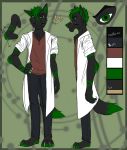  anthro black_jeans brown_shirt canine fur_pattern giano_&quot;raven&quot;_blakwulf grumpy inaccurate lab_coat male mammal markings model_sheet scar scientist scowl scrawny side_view skinny solo wolf xx-heartattack 