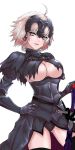  ahoge armor ass_visible_through_thighs black_legwear black_pants blonde_hair breasts chain cleavage cowboy_shot eyebrows_visible_through_hair fate/grand_order fate_(series) fengya gauntlets hair_between_eyes hand_on_hilt hand_on_hip highres jeanne_d'arc_(alter)_(fate) jeanne_d'arc_(fate)_(all) large_breasts open_mouth pants shiny shiny_clothes shiny_skin short_hair smile solo standing thighhighs underboob yellow_eyes 