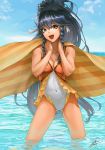  :d ass_visible_through_thighs black_hair blue_eyes blue_sky braid breasts casual_one-piece_swimsuit cleavage collarbone covered_navel day fadingzz fire_emblem fire_emblem:_seima_no_kouseki floating_hair hair_between_eyes hair_ribbon hands_on_own_neck high_ponytail holding long_hair looking_at_viewer medium_breasts ocean one-piece_swimsuit open_mouth outdoors ribbon shiny shiny_hair shiny_skin signature sky smile solo standing swimsuit tana twin_braids very_long_hair wading white_ribbon 