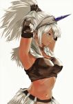 armpits arms_up breasts brown_eyes choker crop_top elbow_gloves fur fur_trim gloves hairband highres horn kirin_(armor) midriff monster_hunter monster_hunter:_world navel ponytail profile simple_background solo tank_top uenoryoma upper_body white_background white_hair 
