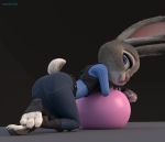  3_toes 3d_(artwork) 4_fingers adamb/fluffy all_fours anthro blender_(software) buckteeth clothed clothing digital_media_(artwork) disney exercise_ball female fur half-closed_eyes judy_hopps lagomorph looking_back mammal purple_eyes rabbit rear_view seductive simple_background solo teeth toes zootopia 