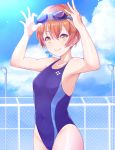  adjusting_eyewear blue_swimsuit collarbone competition_swimsuit covered_navel day fence goggles goggles_on_head highres hoshizora_rin kanabun lamppost looking_at_viewer love_live! love_live!_school_idol_project one-piece_swimsuit orange_hair outdoors short_hair smile solo swimsuit yellow_eyes 