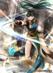  bangs belt boots closed_mouth commentary_request company_name copyright_name dress earrings elbow_gloves fingerless_gloves fire_emblem fire_emblem:_rekka_no_ken fire_emblem_cipher gloves green_eyes green_hair holding holding_sword holding_weapon indoors jewelry long_hair long_legs lyndis_(fire_emblem) medium_skirt official_art pelvic_curtain ponytail sheath sheathed shiny shoulder_armor shoulder_pads skirt slashing solo sword wada_sachiko weapon 