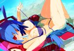  angry antenna_hair bikini bikini_top blue_hair breasts commentary disgaea disgaea_d2 eyebrows_visible_through_hair food genderswap genderswap_(mtf) highres laharl-chan large_breasts long_hair looking_at_viewer looking_back lying makai_senki_disgaea miyakawa106 mouth_hold navel on_back partially_submerged pointy_ears popsicle red_eyes side-tie_bikini solo swimsuit untied untied_bikini untied_bikini_bottom very_long_hair wet 