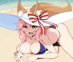  animal_ear_fluff animal_ears arm_support bikini blue_bikini bow breasts cleavage eyebrows_visible_through_hair fate/grand_order fate_(series) fox_ears fox_tail hair_between_eyes hat large_breasts long_hair lying on_stomach open_mouth pink_hair solo steam_captein striped striped_bow swimsuit tail tamamo_(fate)_(all) tamamo_no_mae_(fate) tamamo_no_mae_(swimsuit_lancer)_(fate) untied untied_bikini yellow_eyes 
