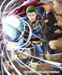  armor copyright_name draug_(fire_emblem) fire_emblem fire_emblem:_monshou_no_nazo fire_emblem_cipher gloves green_eyes green_hair male_focus official_art open_mouth polearm rock shield solo spear teeth weapon 