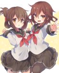  :d black_legwear black_sailor_collar black_skirt brown_eyes brown_hair eyebrows_visible_through_hair fang folded_ponytail hair_between_eyes hair_ornament hairclip ikazuchi_(kantai_collection) inazuma_(kantai_collection) kantai_collection long_sleeves multiple_girls neckerchief open_mouth parted_lips pleated_skirt red_neckwear sailor_collar school_uniform serafuku short_hair skirt smile thighhighs v-shaped_eyebrows yamaarashi 