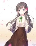  arms_behind_back bangs black_skirt brown_eyes brown_hair cherry_blossoms dress_shirt eyebrows_visible_through_hair floating_hair flower green_ribbon hair_flower hair_ornament idolmaster idolmaster_cinderella_girls idolmaster_cinderella_girls_starlight_stage kobayakawa_sae long_hair long_skirt looking_at_viewer neck_ribbon ribbon shirt signature simple_background skirt smile solo soriya standing very_long_hair white_background white_shirt 