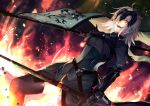  :d antenna_hair armor armored_dress banner black_armor black_legwear fate/grand_order fate_(series) fire gauntlets holding holding_sword holding_weapon jeanne_d'arc_(alter)_(fate) jeanne_d'arc_(fate)_(all) long_hair looking_at_viewer open_mouth orange_eyes shimozuki_shio silver_hair smile solo standing sword thighhighs weapon 