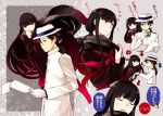  1girl bangs black_hair blue_ribbon blunt_bangs commentary_request directional_arrow drooling fate/grand_order fate_(series) floating flower gloves hat hat_ribbon holding holding_paper koha-ace long_hair looking_at_another multiple_views open_mouth oryou_(fate) paper red_legwear ribbon sakamoto_ryouma_(fate) scarf sleeping teramoto_kaoru translation_request very_long_hair white_gloves white_hat 