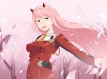  :d arms_behind_back bangs blue_eyes breasts buttons cherry_blossoms darling_in_the_franxx eyebrows_visible_through_hair fang floating_hair hairband honda_naoki long_hair long_sleeves medium_breasts necktie open_mouth orange_neckwear petals pink_hair short_necktie smile solo straight_hair teeth tree uniform white_hairband zero_two_(darling_in_the_franxx) 