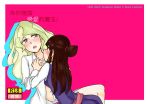  2girls blue_eyes blush brown_hair collared_shirt couple diana_cavendish doujin_cover eye_contact kagari_atsuko little_witch_academia looking_at_another moaning multiple_girls pink_background red_eyes simple_background undressing yuri 