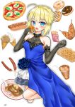  :o absurdres ahoge aqua_eyes artoria_pendragon_(all) asymmetrical_clothes bangs bare_shoulders bendy_straw black_gloves blonde_hair blue_dress blue_flower blue_rose blush bowl braid breasts collarbone commentary condiment corndog crown_braid cup doughnut dress drinking_glass drinking_straw eating elbow_gloves eyebrows_visible_through_hair fate_(series) flower food food_request french_fries gloves hamburger hands_up hardboiled_egg highres holding holding_food hot_dog ice ice_cream ice_cream_cone ice_cube kamaboko ketchup lace lace-trimmed_dress lace-trimmed_gloves large_breasts layered_dress limitlimlim long_dress looking_at_viewer mustard narutomaki noodles onion_rings open_mouth pizza rose saber short_hair sidelocks signature simple_background sleeveless sleeveless_dress soft_serve solo spoon white_background 