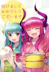  2girls alternate_costume aqua_hair aqua_kimono bangs bird chicken closed_eyes commentary_request curled_horns doll dragon_horns elizabeth_bathory_(fate) elizabeth_bathory_(fate)_(all) facing_viewer fate/grand_order fate_(series) floral_print happy_new_year highres horns japanese_clothes kimono kiyohime_(fate/grand_order) looking_at_viewer multiple_girls new_year obi open_mouth pink_hair pink_kimono sakana_(14894735) sash smile translated upper_body wide_sleeves yellow_eyes 