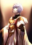  ;) bad_id bad_pixiv_id black_gloves dust_particles gloves granblue_fantasy hair_between_eyes highres looking_at_viewer lucilius_(granblue_fantasy) male_focus one_eye_closed purple_eyes sasaki_tamao silver_hair smile solo standing 