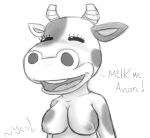  2014 animal_crossing anthro beady_eyes big_breasts biped bovine breasts buckteeth bust_portrait cattle collarbone dialogue digital_drawing_(artwork) digital_media_(artwork) english_text eyelashes female front_view funkylikeamonkey greyscale horn lactating mammal milk monochrome nintendo nipples nude open_mouth open_smile portrait simple_background smile snout solo spots spotted_body teeth text tipper_(animal_crossing) unseen_character video_games white_background 