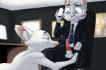  2018 akiric anthro arctic_fox balls belt blue_eyes canine cellphone chair clothed clothing desk disney duo erection facial_markings female fox fur_markings holding_object holding_phone imminent_blowjob inside jack_savage lagomorph licking licking_lips male male/female mammal markings monitor necktie office_chair penis phone rabbit sitting skye_(zootopia) suit tongue tongue_out zootopia 