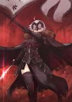  ahoge armor armored_dress banner black_cape black_dress black_legwear blackball cape dress fate/grand_order fate_(series) fur_trim holding holding_sword holding_weapon jeanne_d'arc_(alter)_(fate) jeanne_d'arc_(fate)_(all) looking_at_viewer short_hair silver_hair solo standing sword thighhighs weapon yellow_eyes 