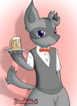  2018 alcohol alternate_color anthro beer beverage bow canine chest_fur chris_the_lucario clothed clothing cuntboy fur grey_fur heterochromia intersex looking_at_viewer lucario mammal nintendo partially_clothed pok&eacute;mon pok&eacute;mon_(species) pussy simple_background uniform video_games waiter zoruabydefault 