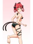  ;3 animal_ears ass bare_arms bare_shoulders barefoot bikini black_bikini black_bow black_ribbon bow braid breasts cat_ears cat_tail cato_(monocatienus) commentary extra_ears eyebrows_visible_through_hair feet from_behind gradient gradient_background hair_bow hair_rings halterneck kaenbyou_rin kneepits looking_at_viewer looking_back medium_breasts multiple_tails pink_background red_eyes red_hair ribbon shoulder_blades side-tie_bikini simple_background soles solo standing standing_on_one_leg swimsuit tail thigh_ribbon thighs touhou twin_braids two_tails 